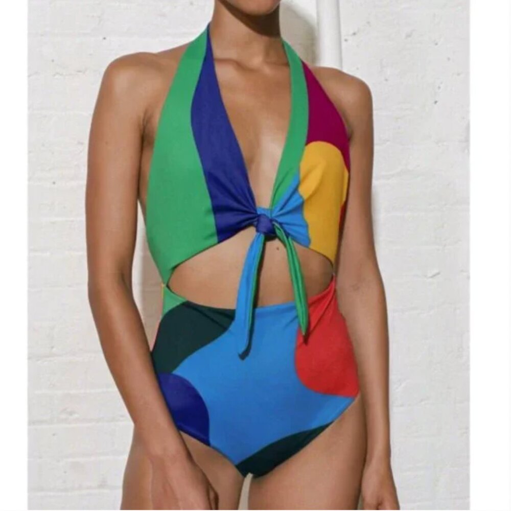 NWT Mara Hoffman Maddy One Piece Swimsuit Womens XS Multi Print Halter Tie Front